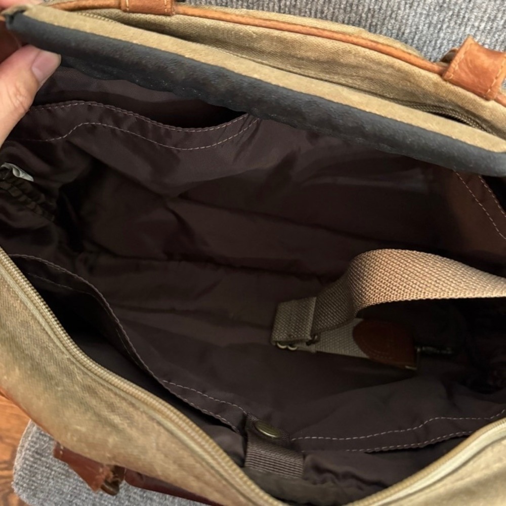 LL Bean Vintage Waxed Canvas Leather Briefcase Laptop Bag Olive Brown Satchel - Picture 16 of 16